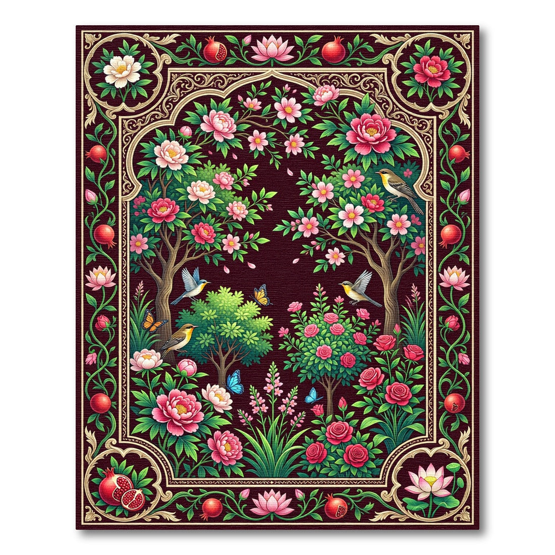 Crimson Garden Birds Floral Arch Rug