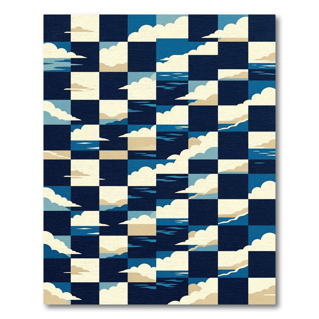 Navy Geometric Cloud and Sea Grid Rug