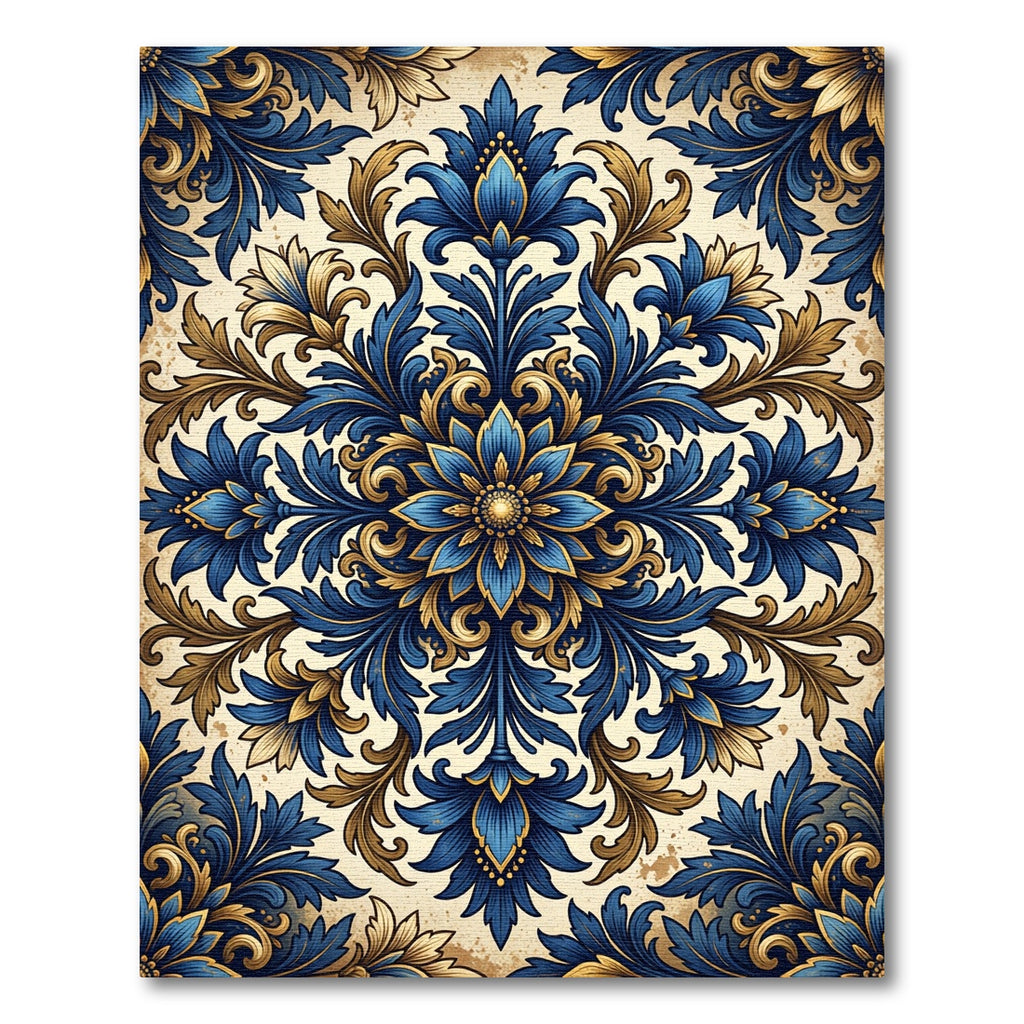 Ornate Royal Blue Gold Floral Medallion Rug