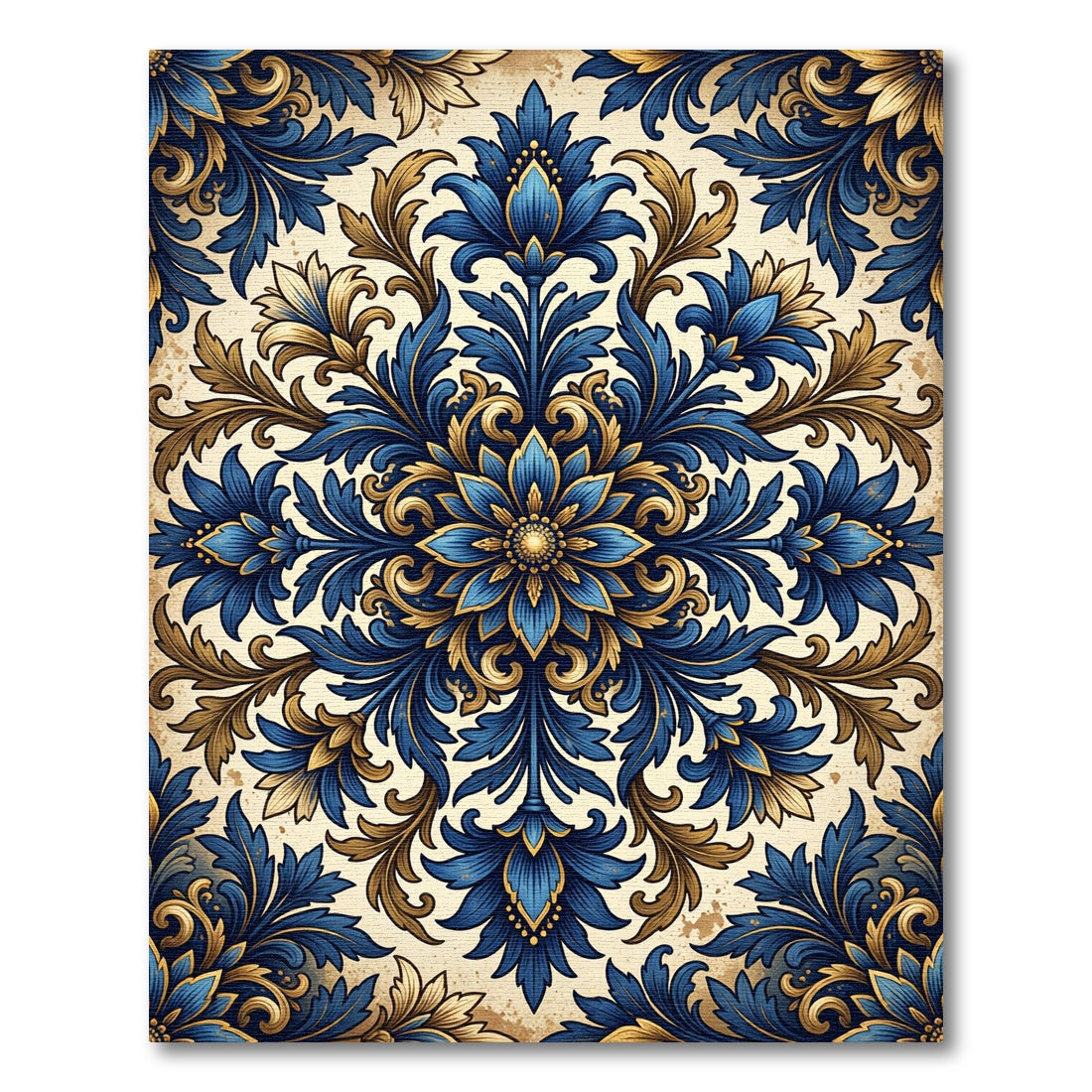 Ornate Royal Blue Gold Floral Medallion Rug