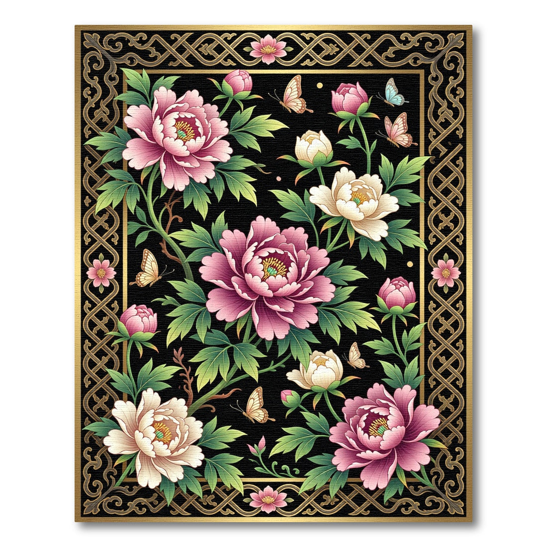 Elegant Pink Peony Gold Butterfly Garden Rug