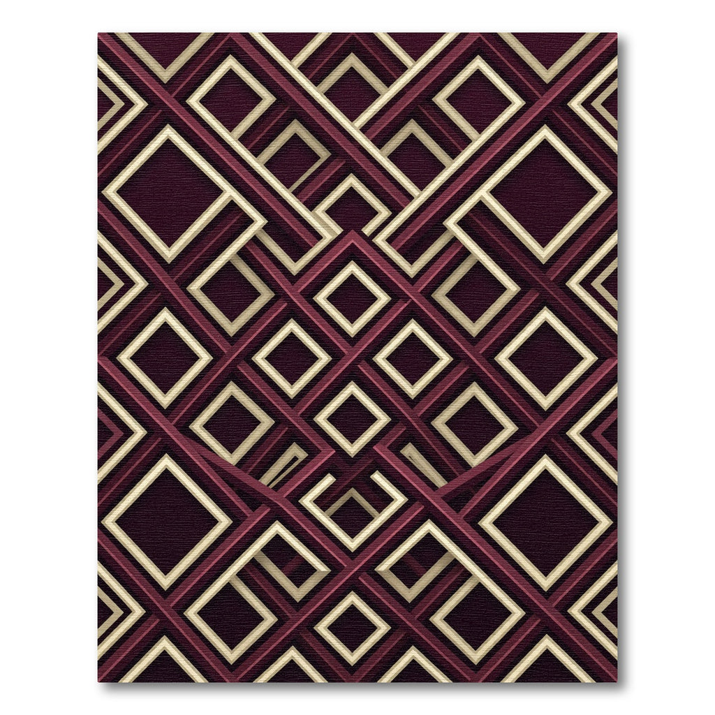 Geometric Maroon and Gold Interlocking Squares Rug