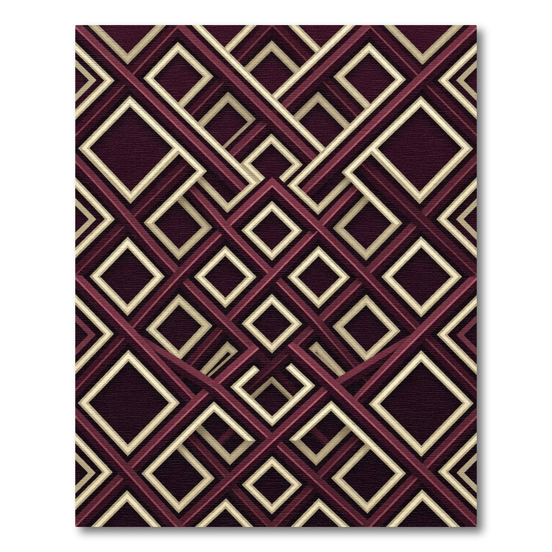 Geometric Maroon and Gold Interlocking Squares Rug