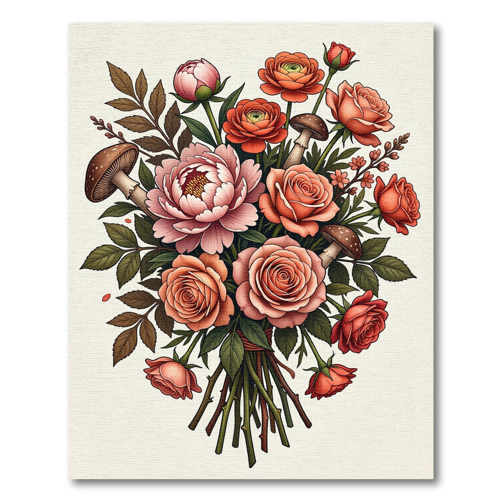 Earthy Peach Rose and Mushroom Bouquet Rug