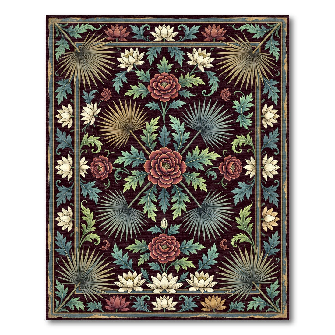 Deep Burgundy Floral Botanical Palm Rug