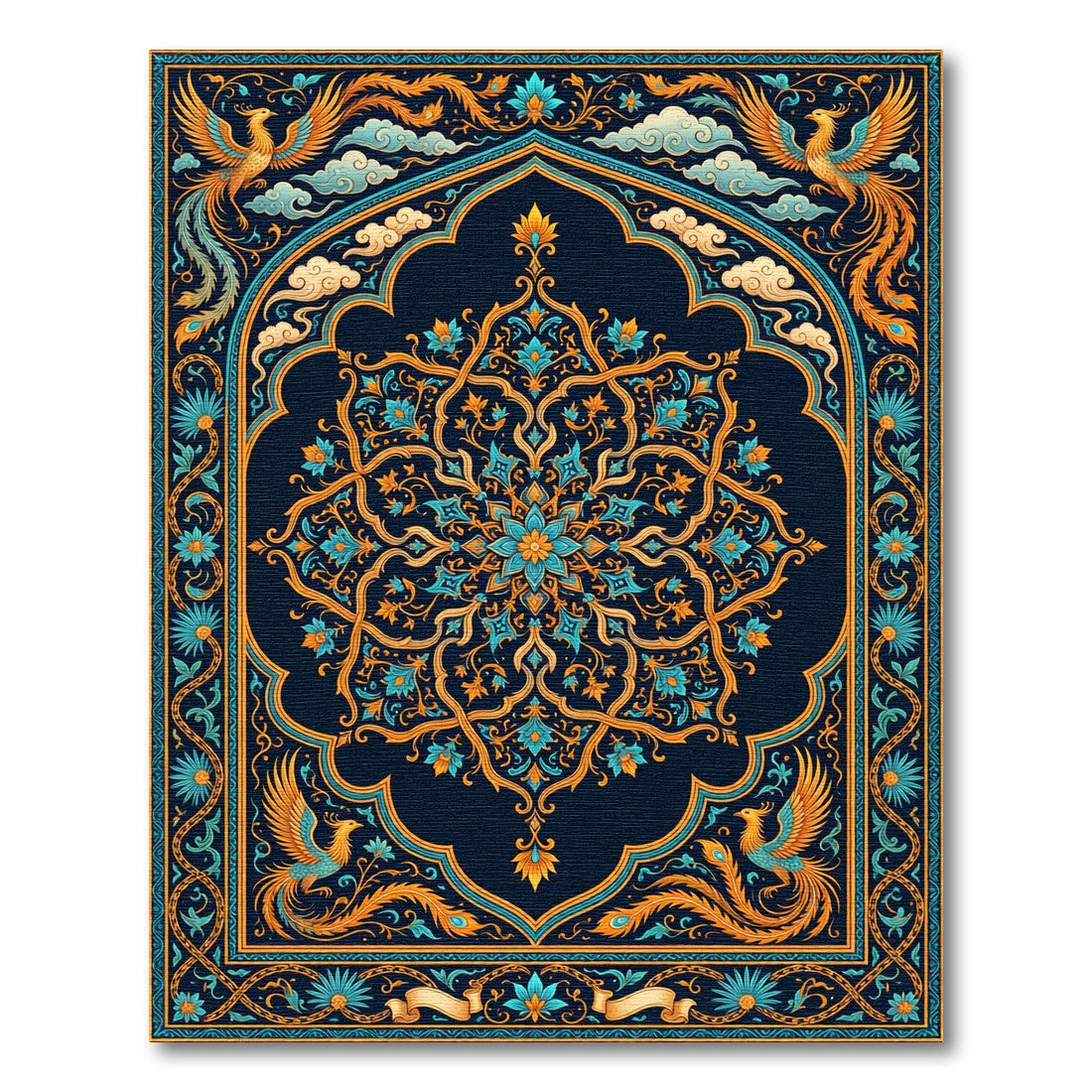 Ornate Golden Phoenix Floral Medallion Rug