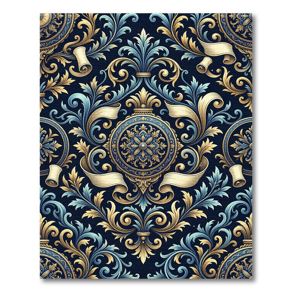 Elegant Navy Golden Baroque Scroll Medallion Rug