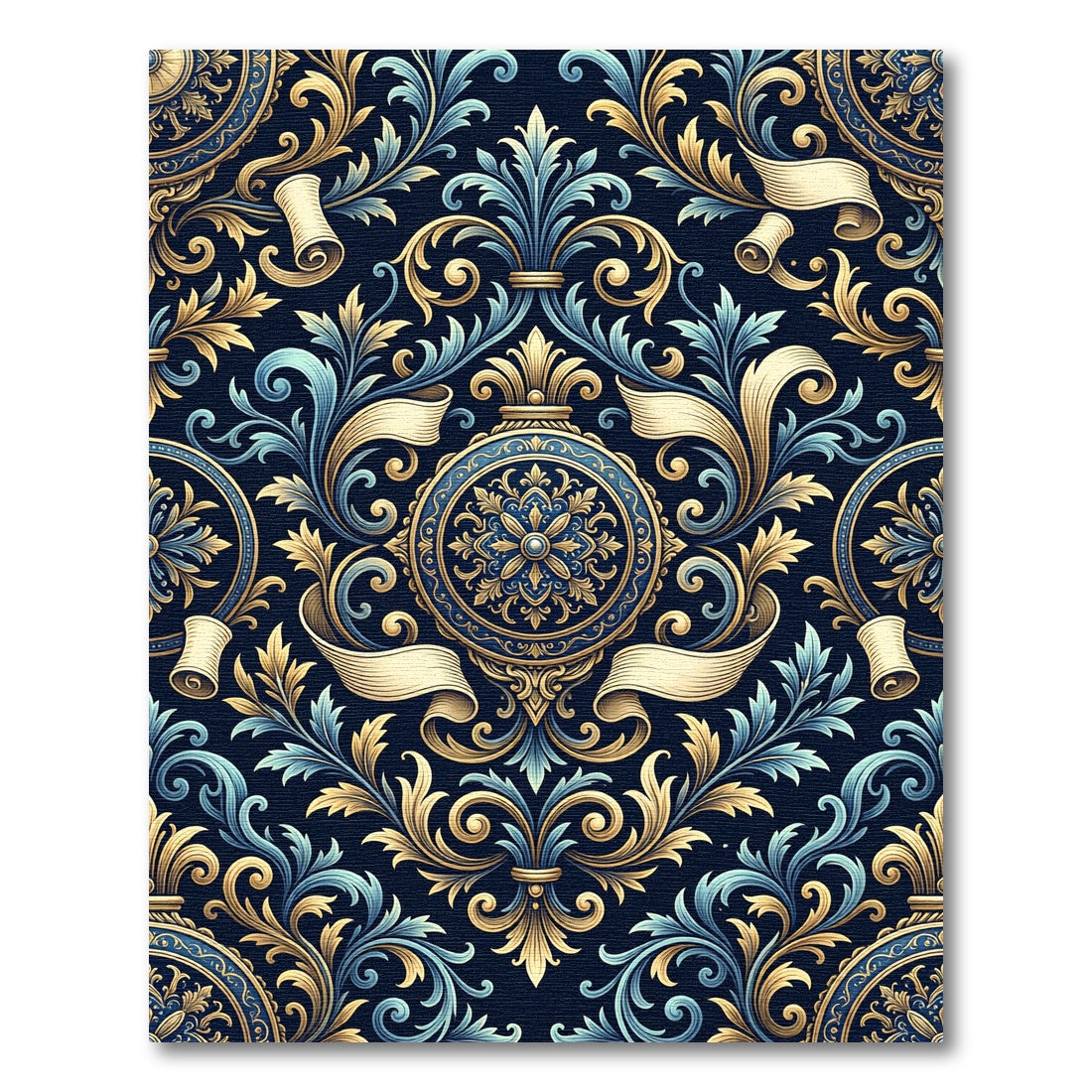 Elegant Navy Golden Baroque Scroll Medallion Rug
