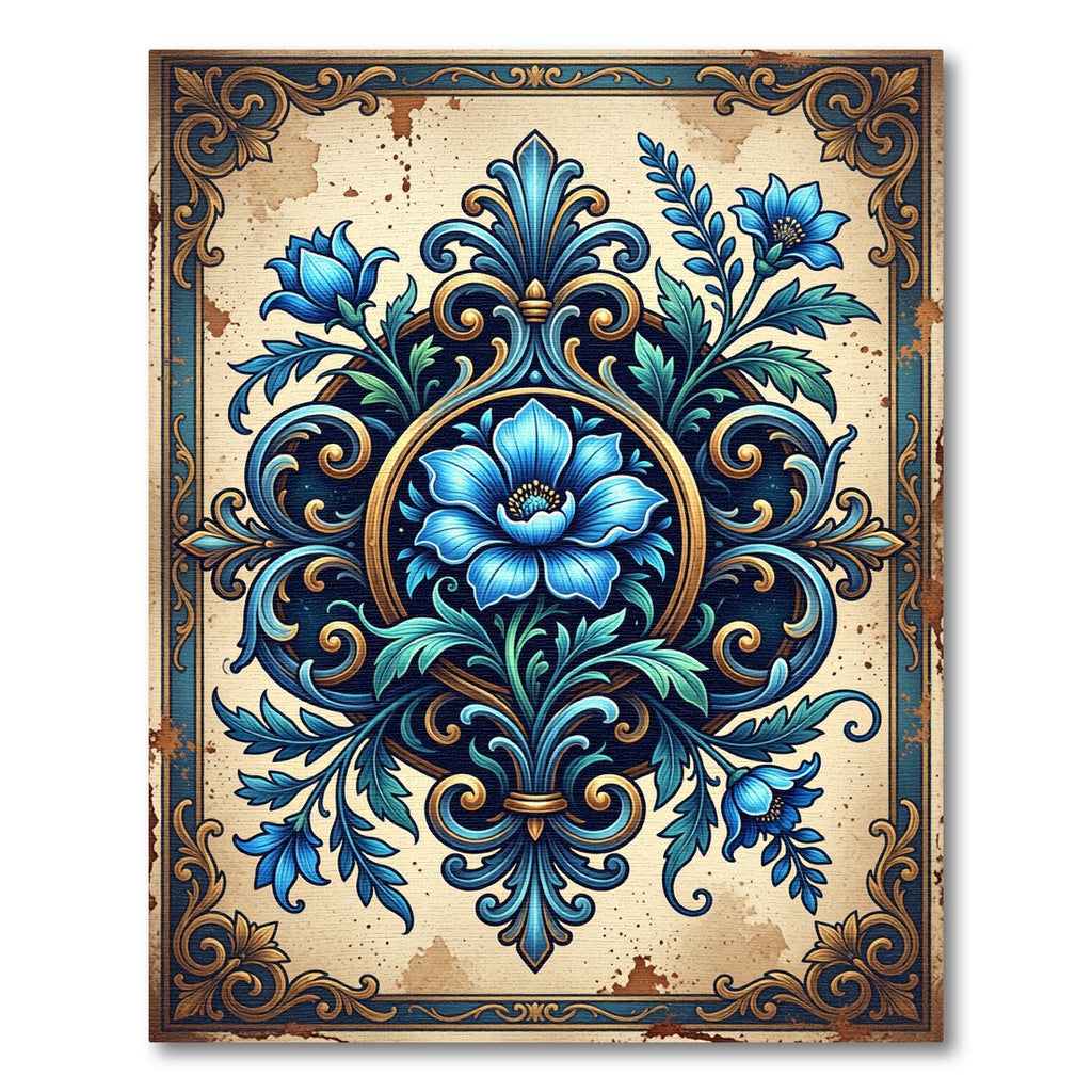 Ornate Blue Floral Damask Medallion Rug