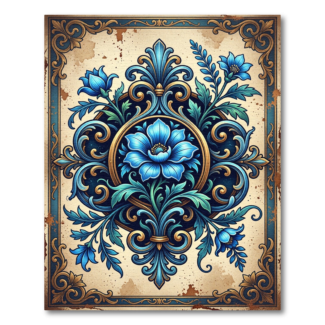 Ornate Blue Floral Damask Medallion Rug