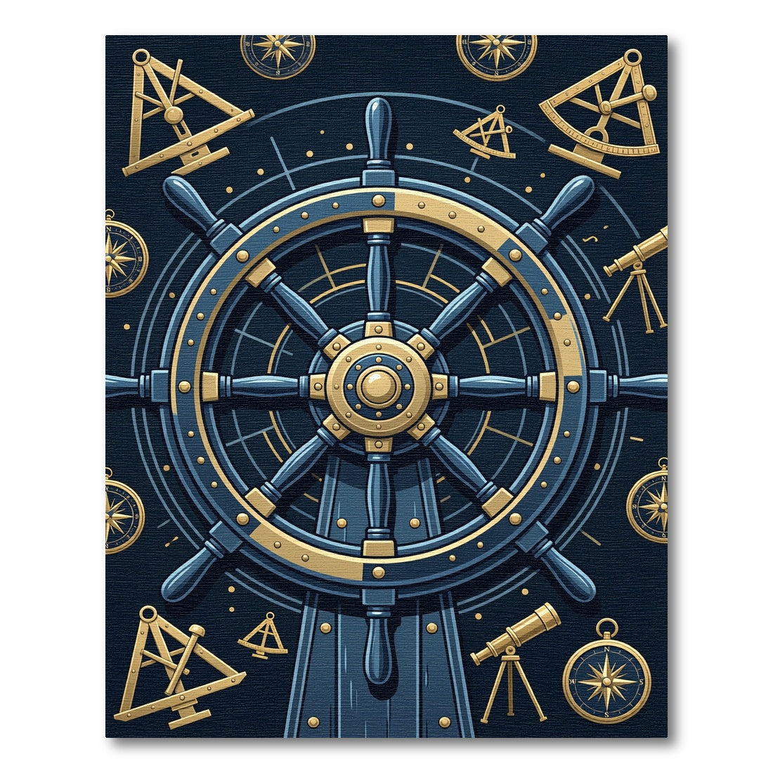 Golden Nautical Compass Wheel Marine Navy Rug