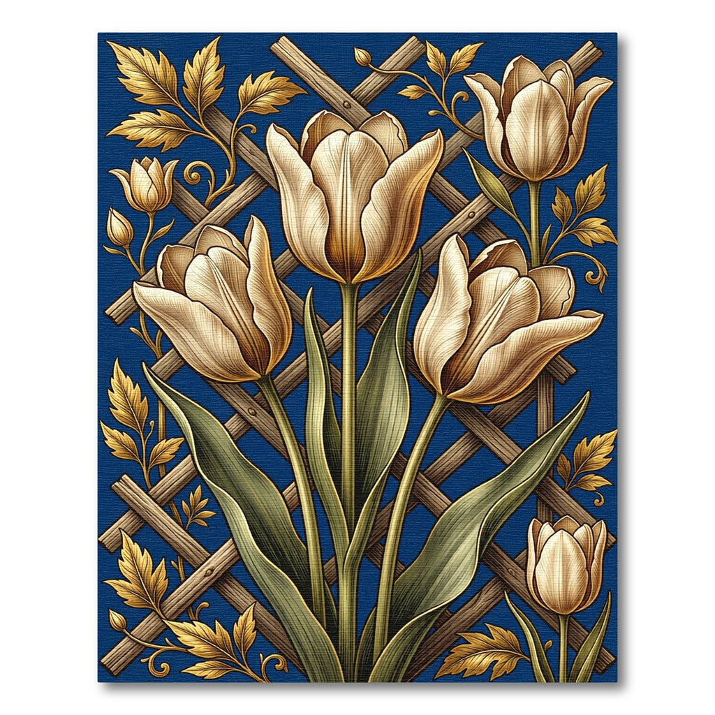 Elegant Golden Tulip Trellis Blue Floral Rug