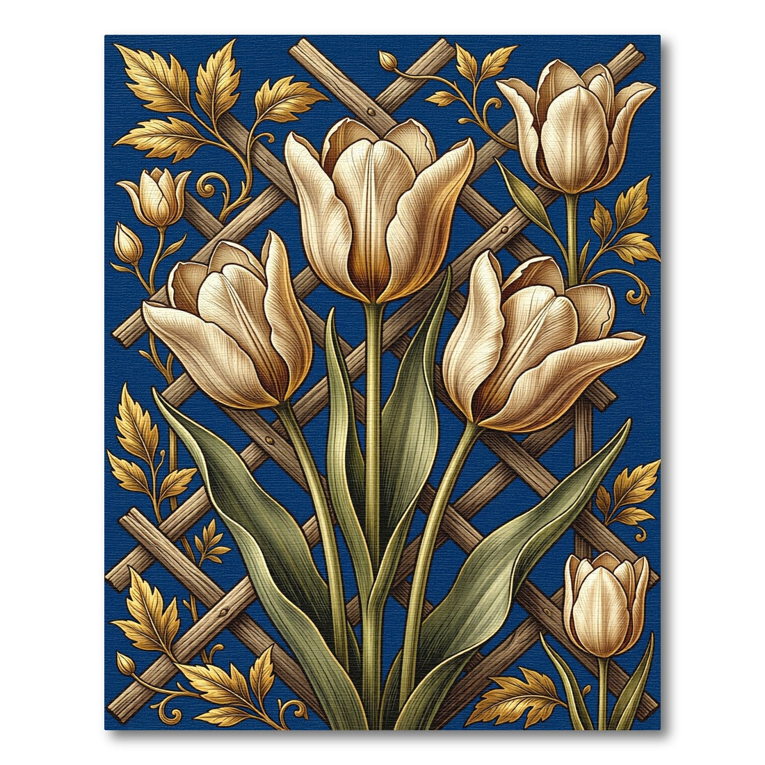 Elegant Golden Tulip Trellis Blue Floral Rug