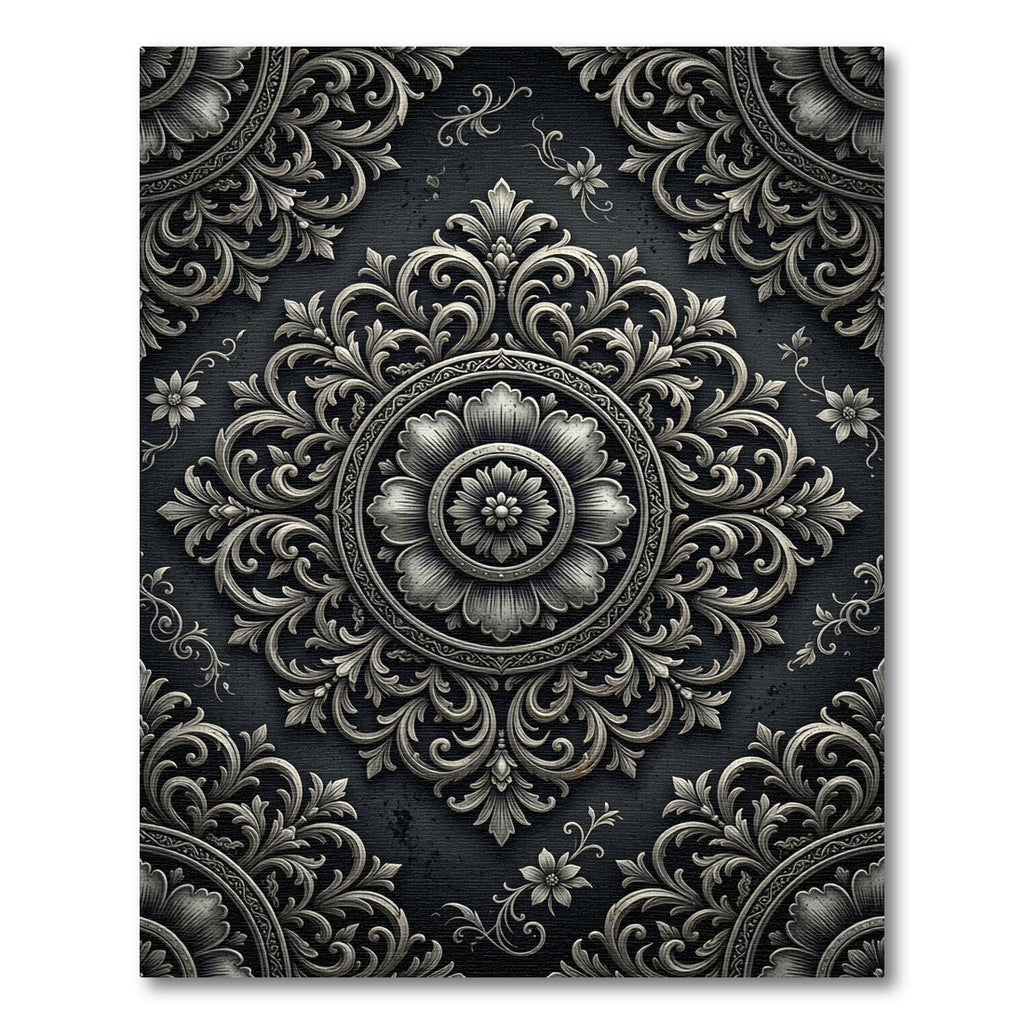 Elegant Silver Floral Damask Medallion Rug