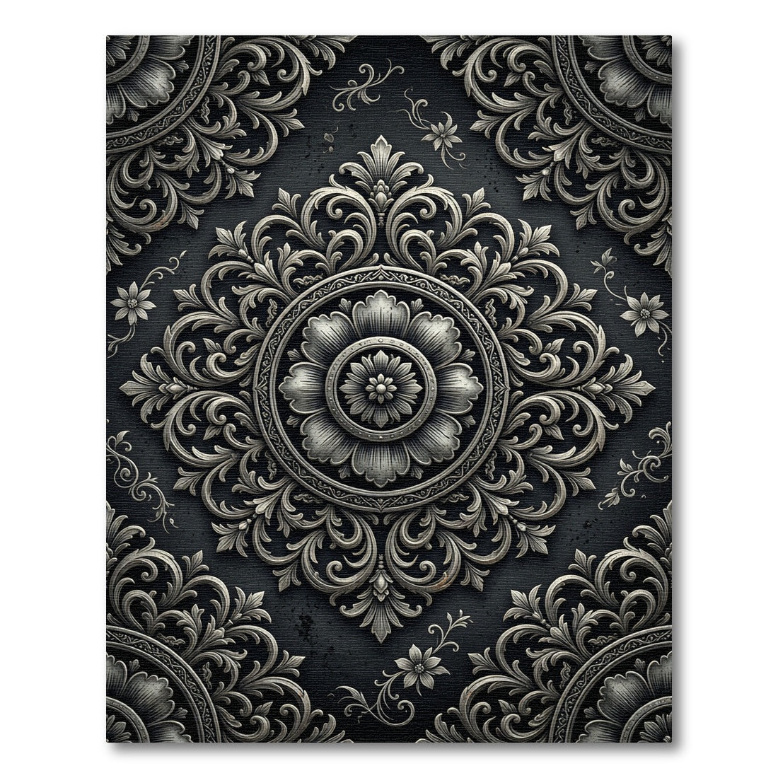 Elegant Silver Floral Damask Medallion Rug