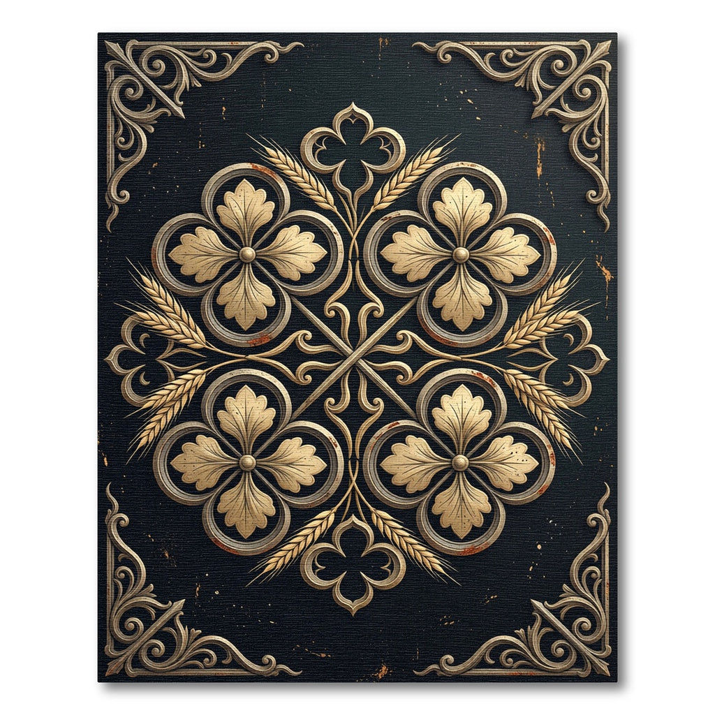 Gilded Gold Wheat Quatrefoil Noir Tapestry Rug