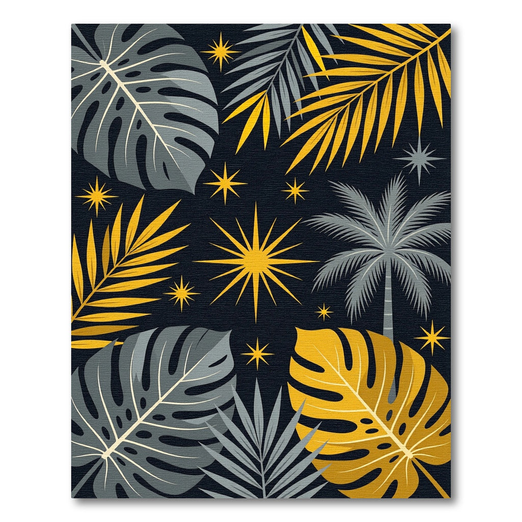 Golden Celestial Tropical Leaf Art Rug