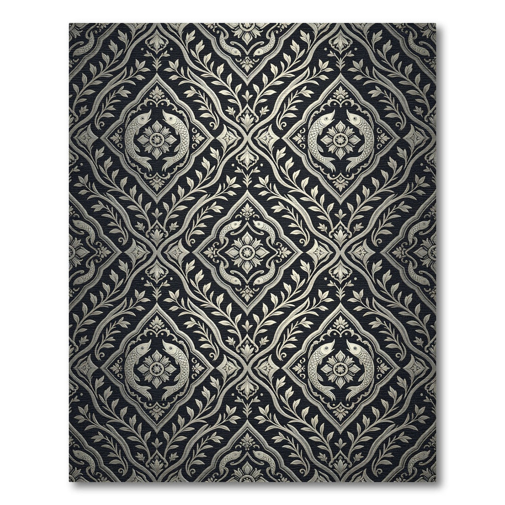 Silver Fish Vine Damask Rug