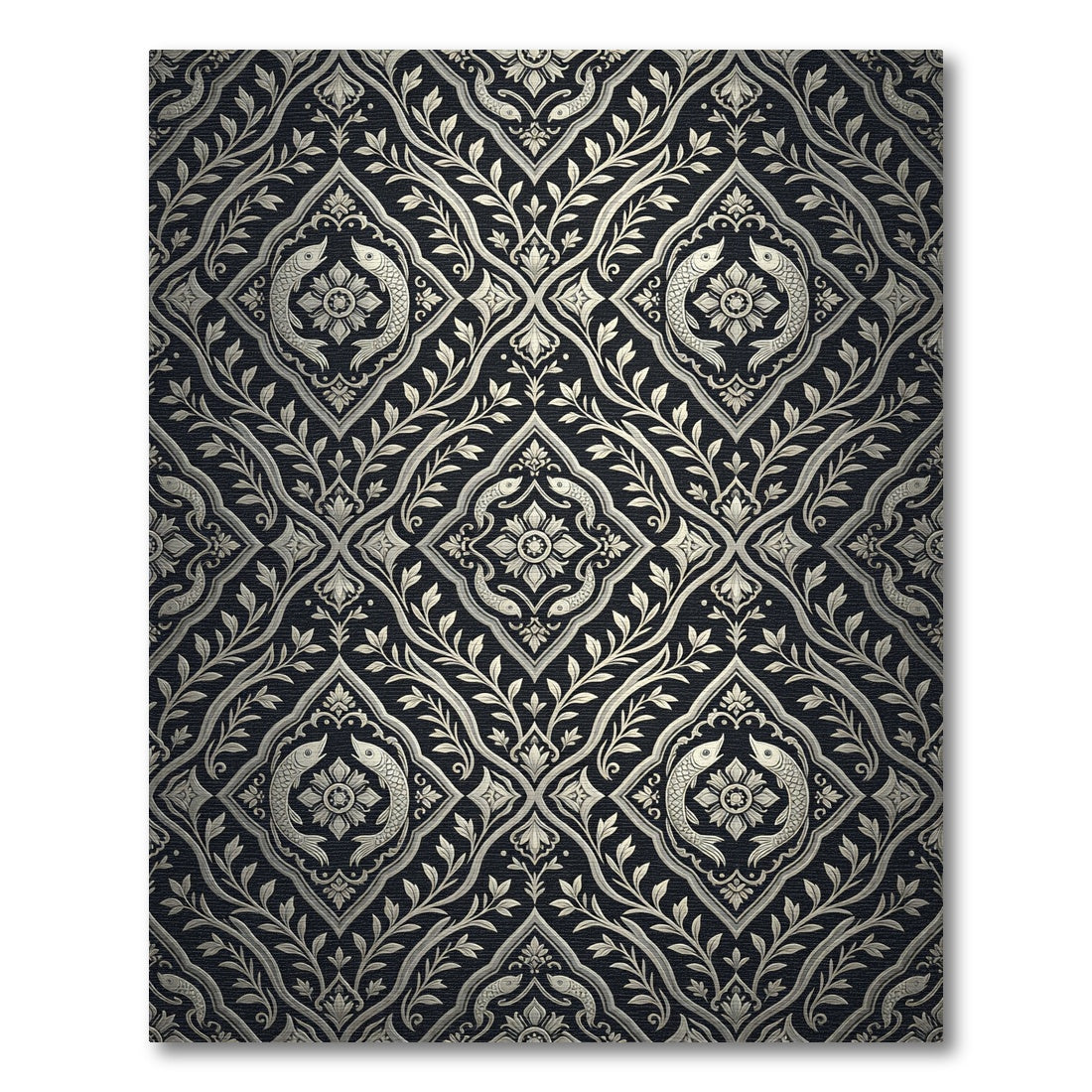Silver Fish Vine Damask Rug