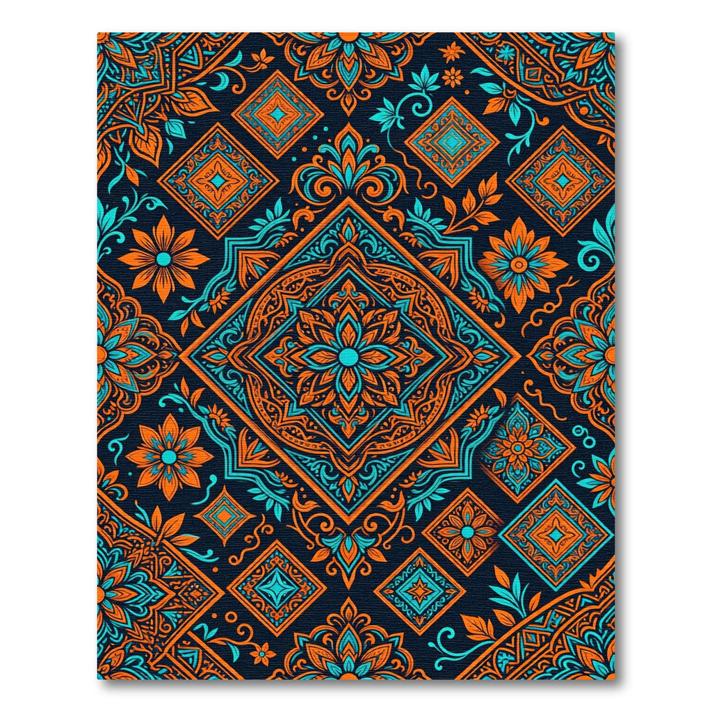 Vivid Orange Teal Medallions Complex Pattern Rug