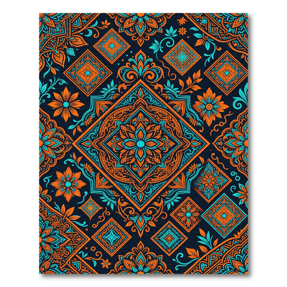 Vivid Orange Teal Medallions Complex Pattern Rug