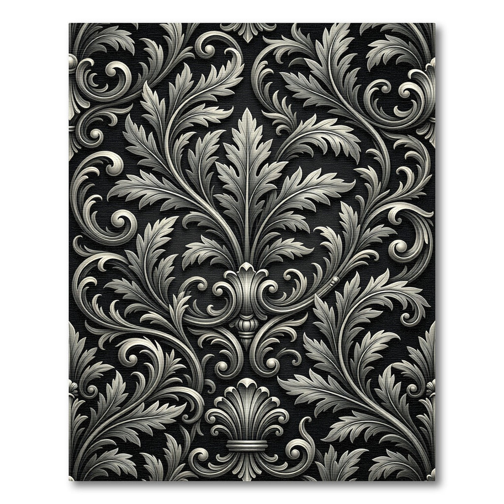 Ornate Black Silver Acanthus Scroll Rug