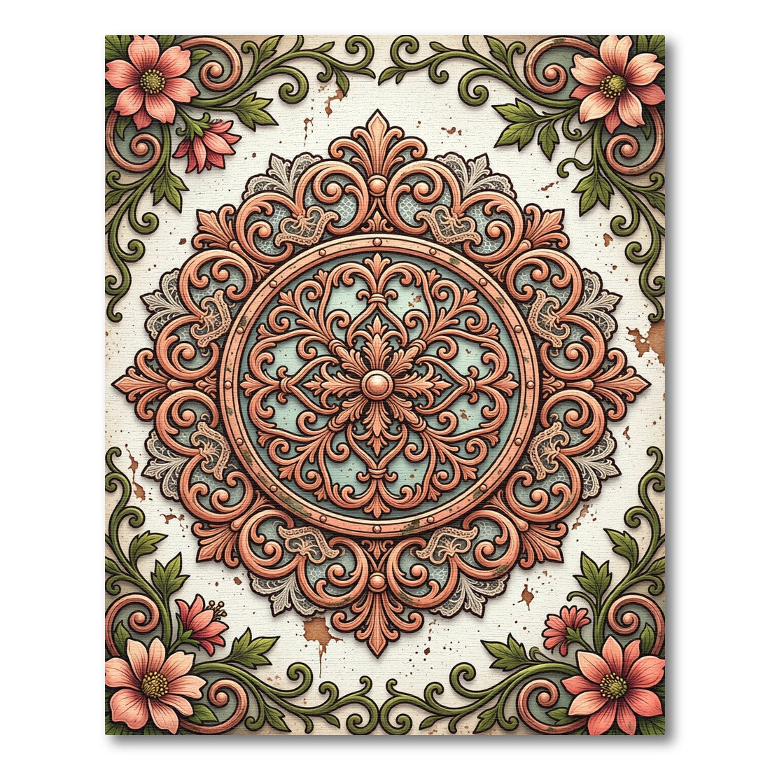 Antique Rose Floral Ornate Medallion Rug