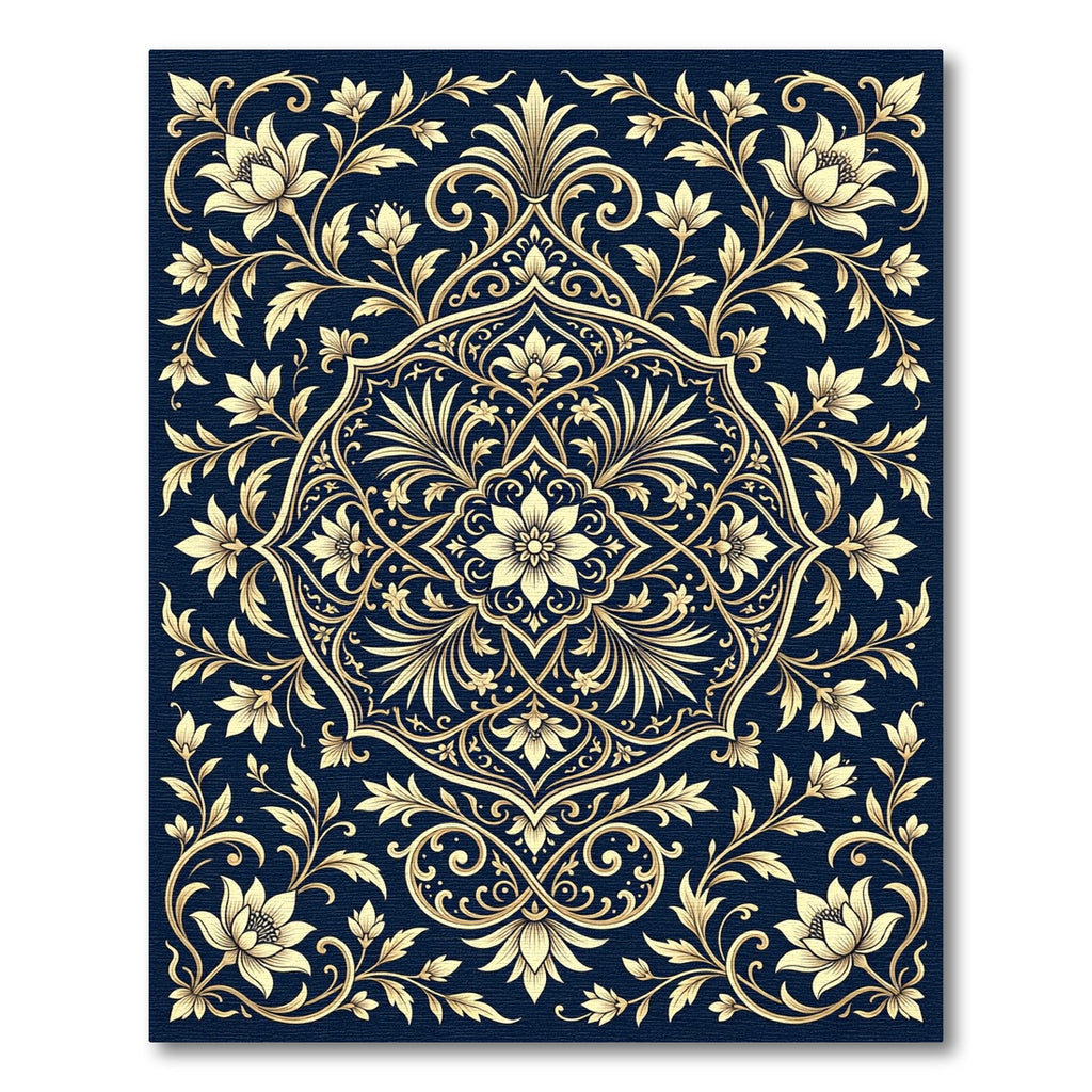 Golden Floral Medallion on Navy Rug