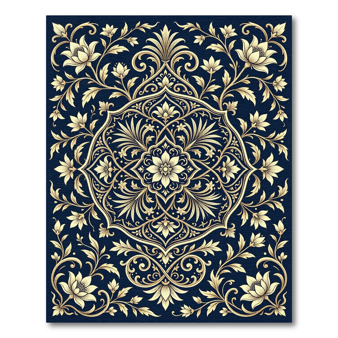 Golden Floral Medallion on Navy Rug