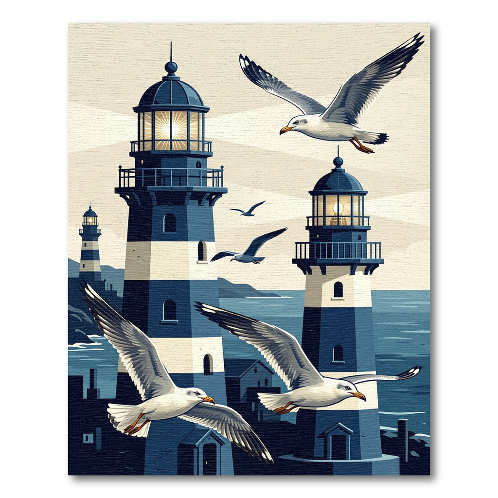 Coastal Navy Lighthouse Gulls Scene Rug