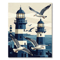 Coastal Navy Lighthouse Gulls Scene Rug