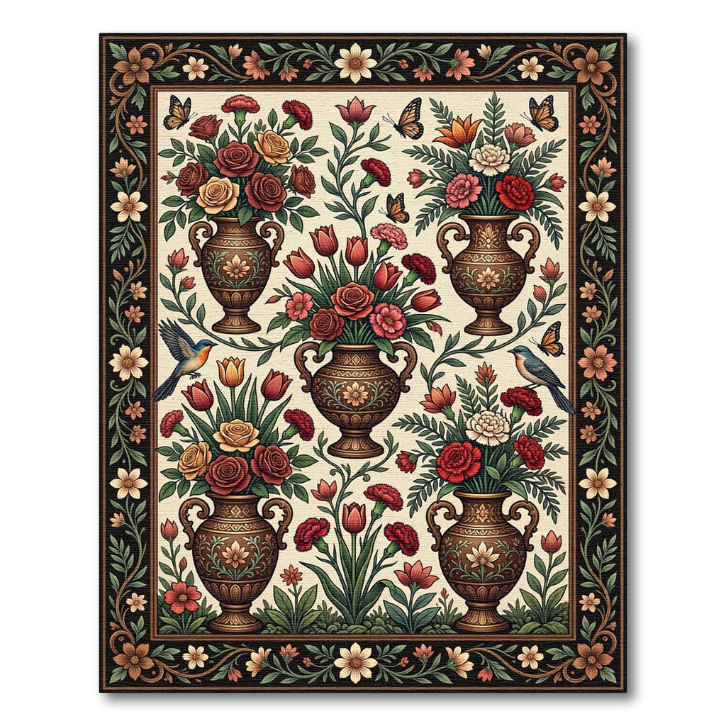 Ornate Floral Vase Birds Butterflies Rug