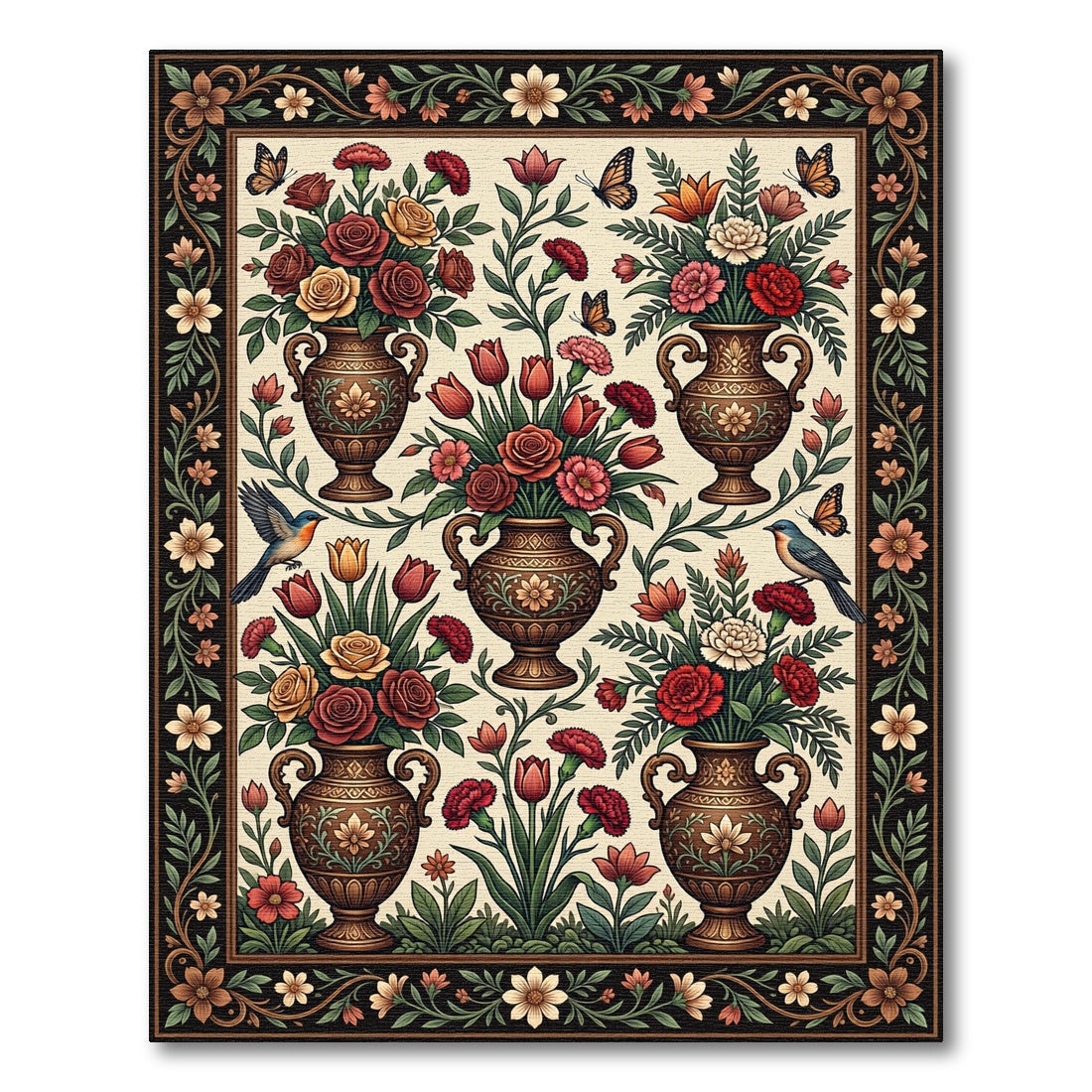 Ornate Floral Vase Birds Butterflies Rug