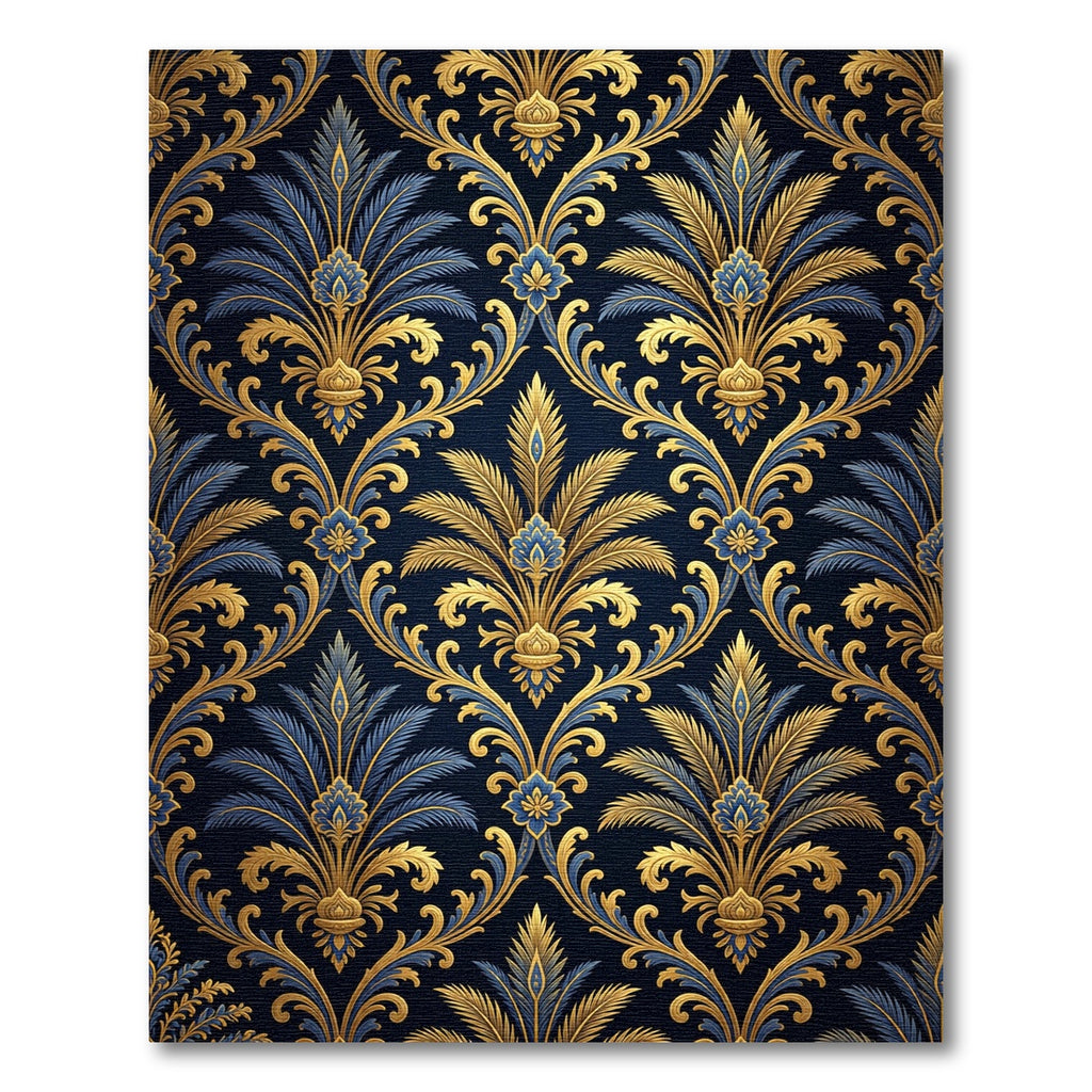 Ornate Gold and Navy Foliage Damask Rug