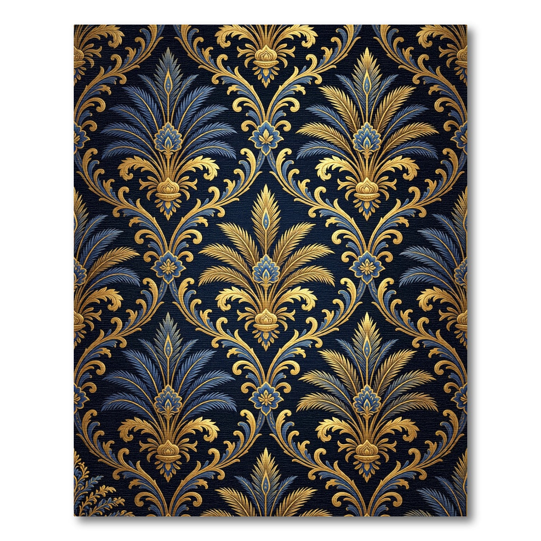 Ornate Gold and Navy Foliage Damask Rug