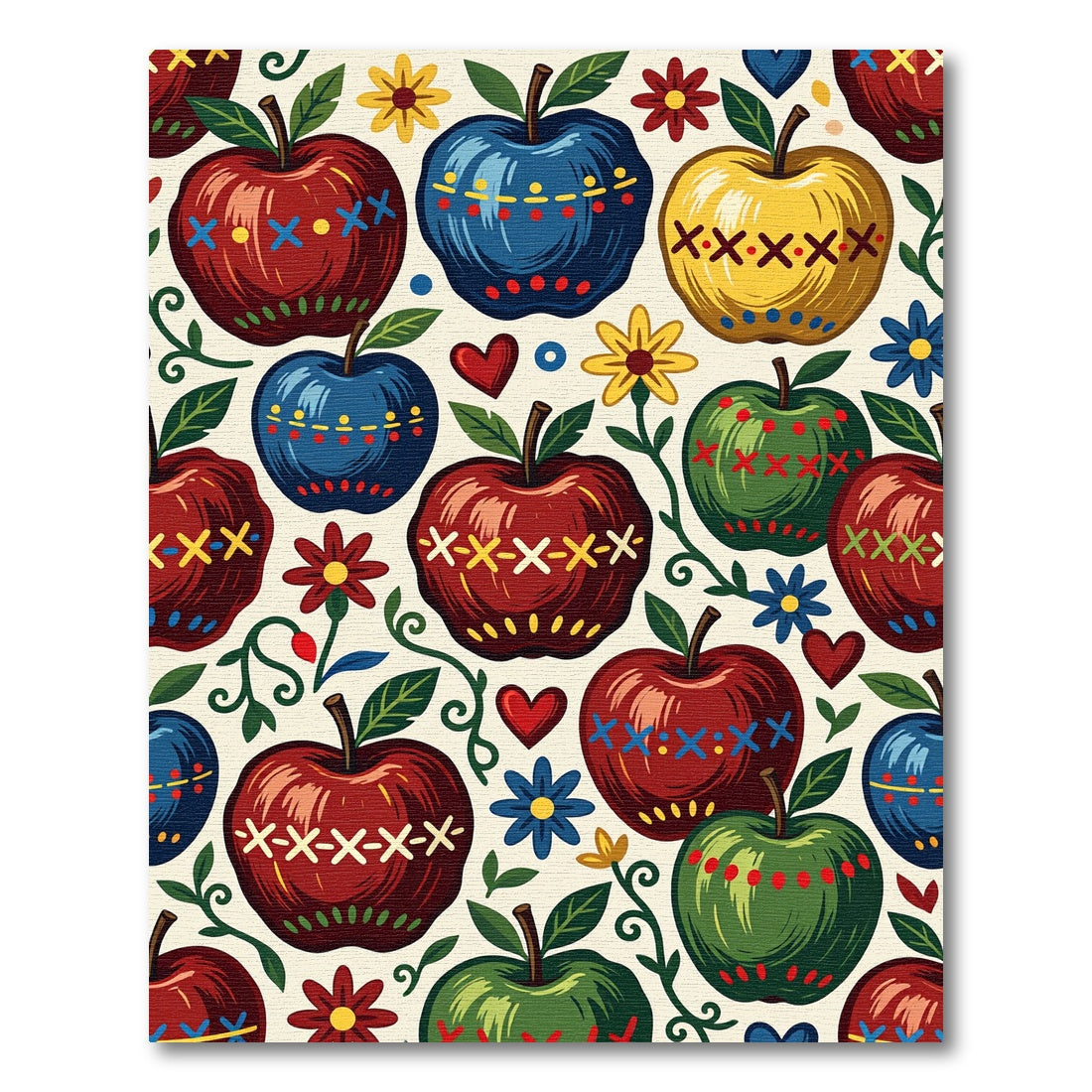 Folk Art Apple and Floral Illustration Rug
