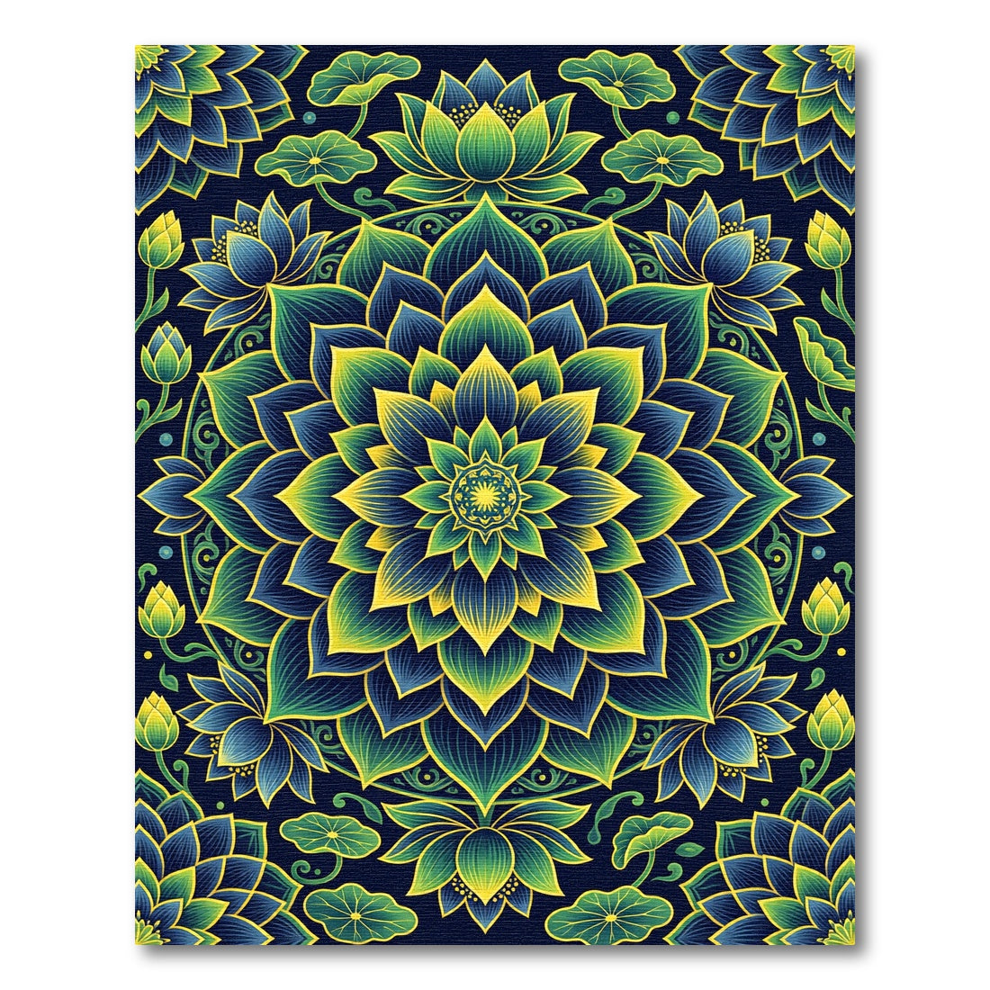 Luminous Blue and Gold Lotus Mandala Rug