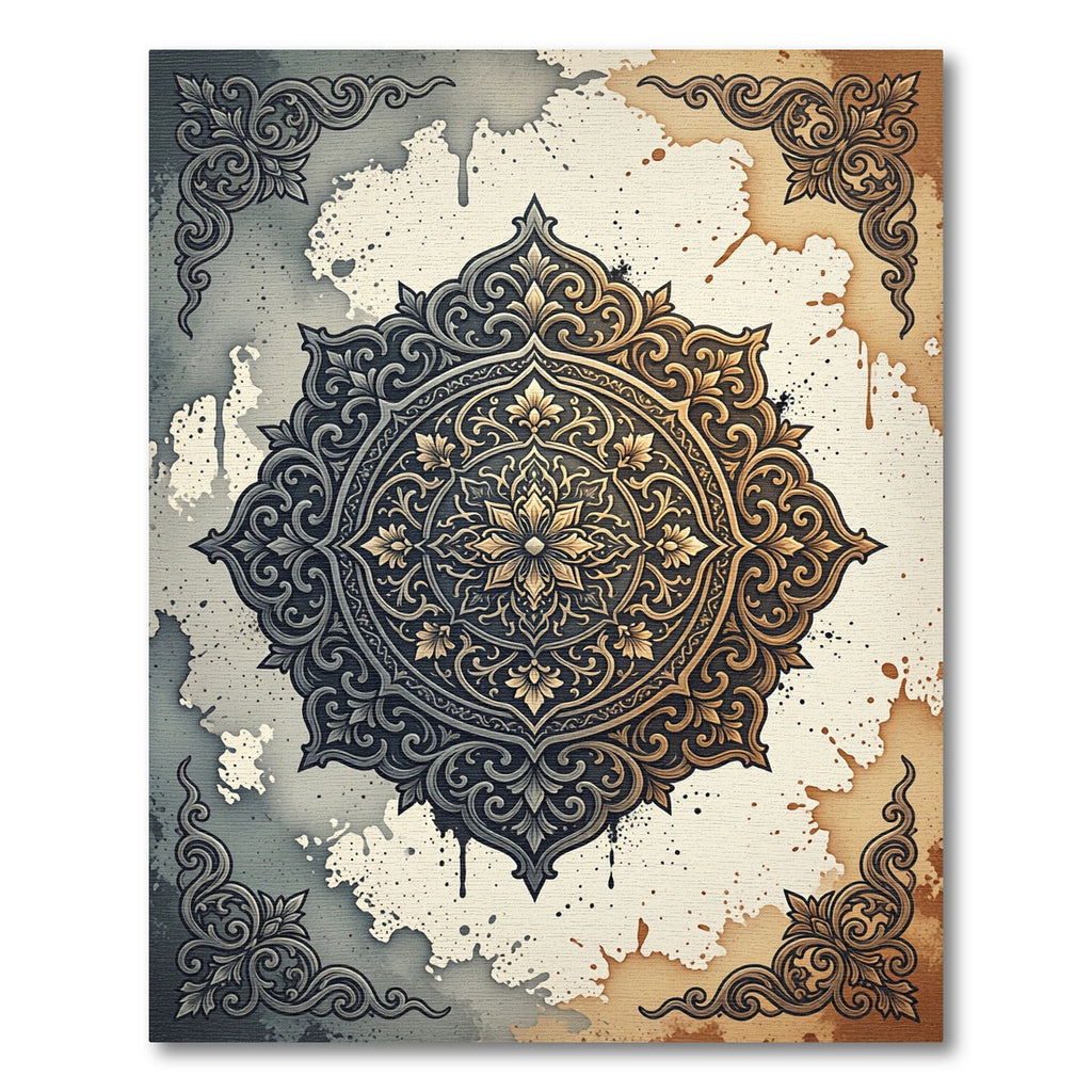 Ornate Dark Gold Floral Medallion Rug