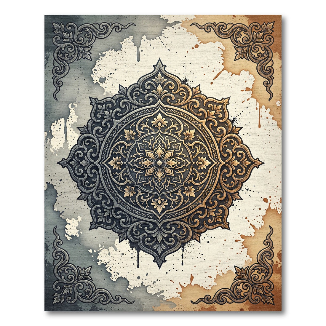 Ornate Dark Gold Floral Medallion Rug