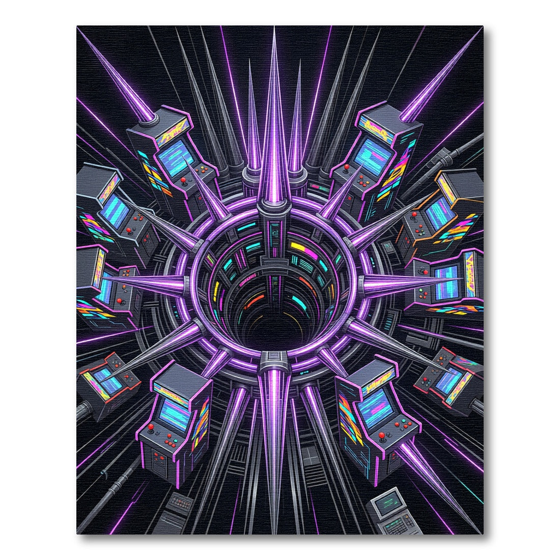 Neon Arcade Portal Cyberpunk Art Rug