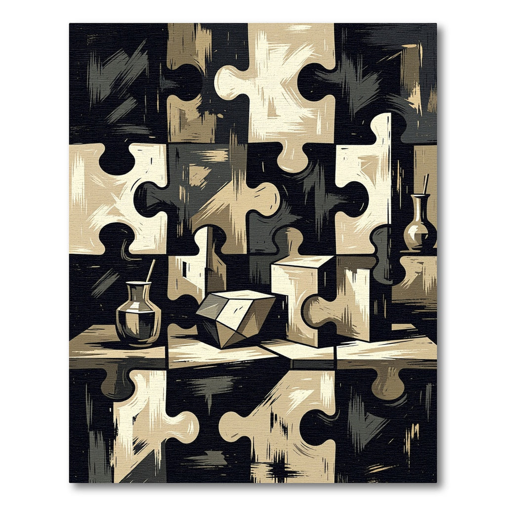 Monochromatic Abstract Geometric Jigsaw Puzzle Rug