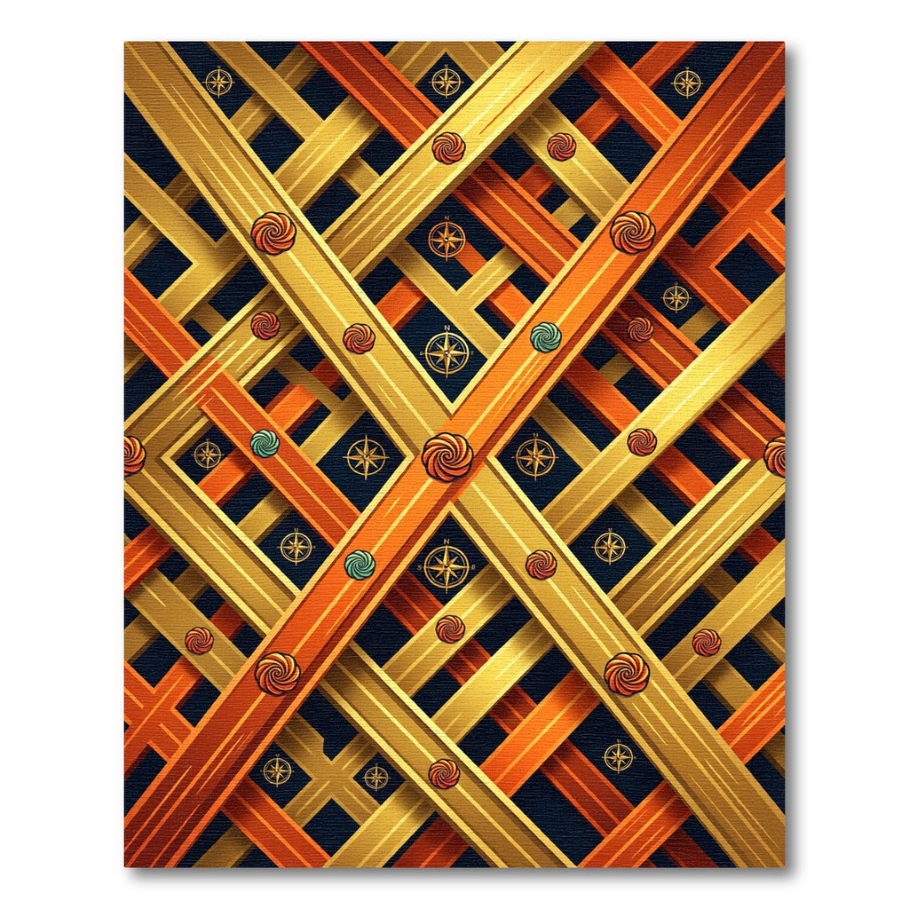 Golden Orange Intersecting Compass Swirls Rug