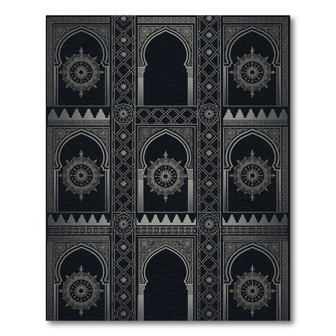Black Silver Arched Medallion Pattern Rug