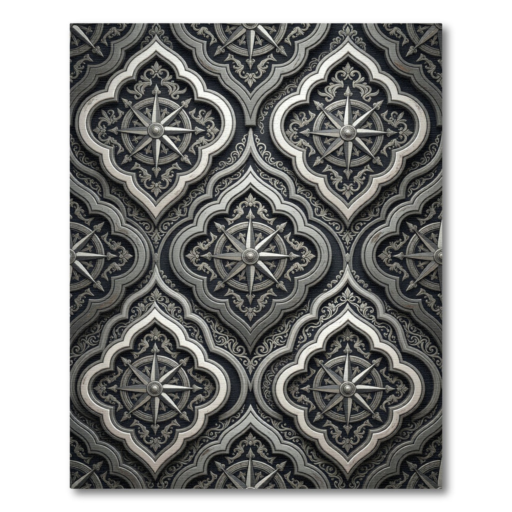 Ornate Silver Compass Rose Tile Rug