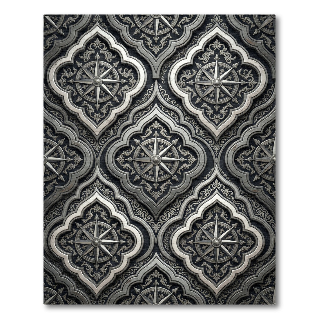 Ornate Silver Compass Rose Tile Rug