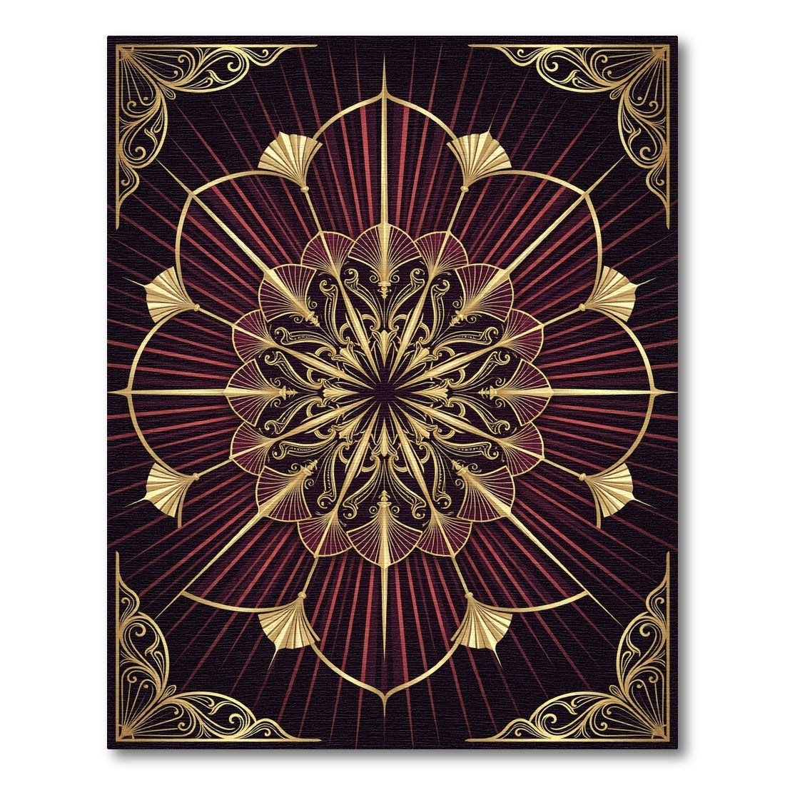 Art Deco Crimson Golden Sunburst Medallion Rug
