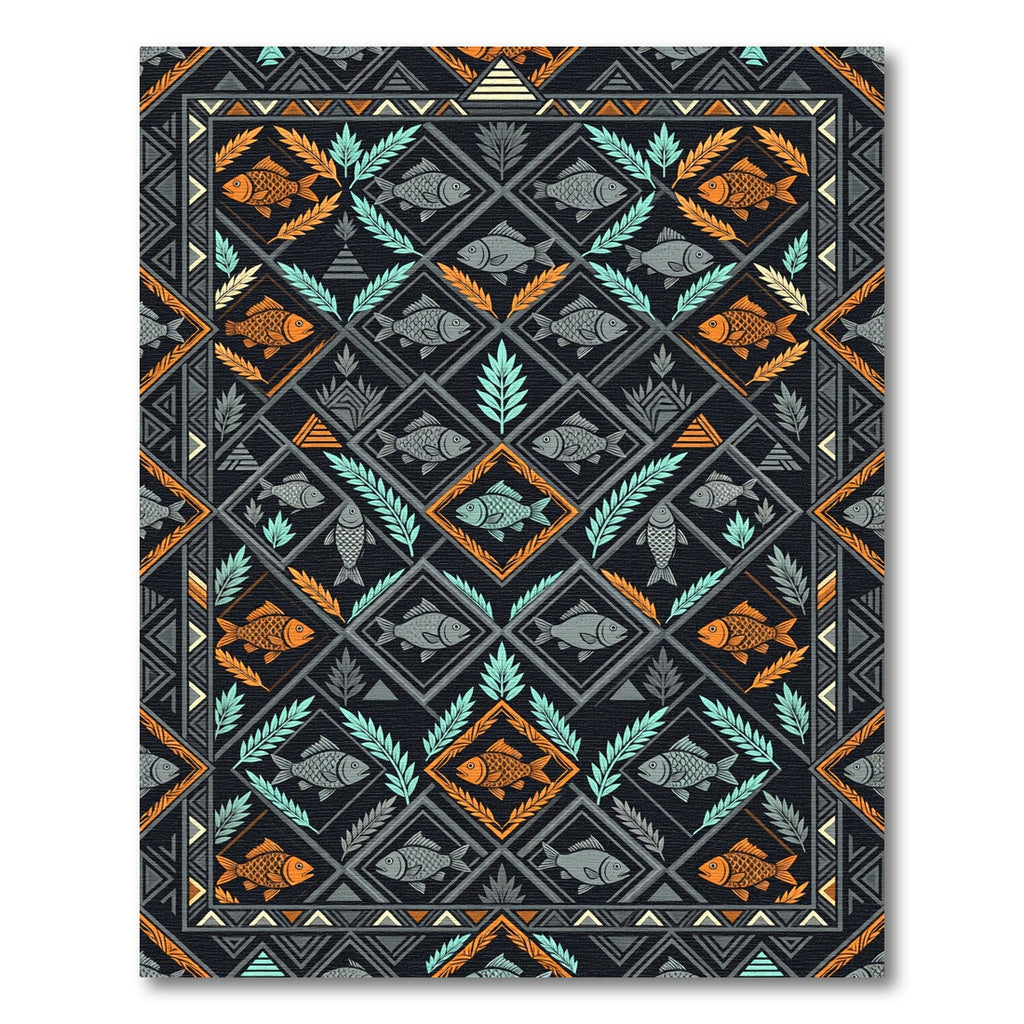 Navajo Inspired Orange Gray Fish Foulard Rug