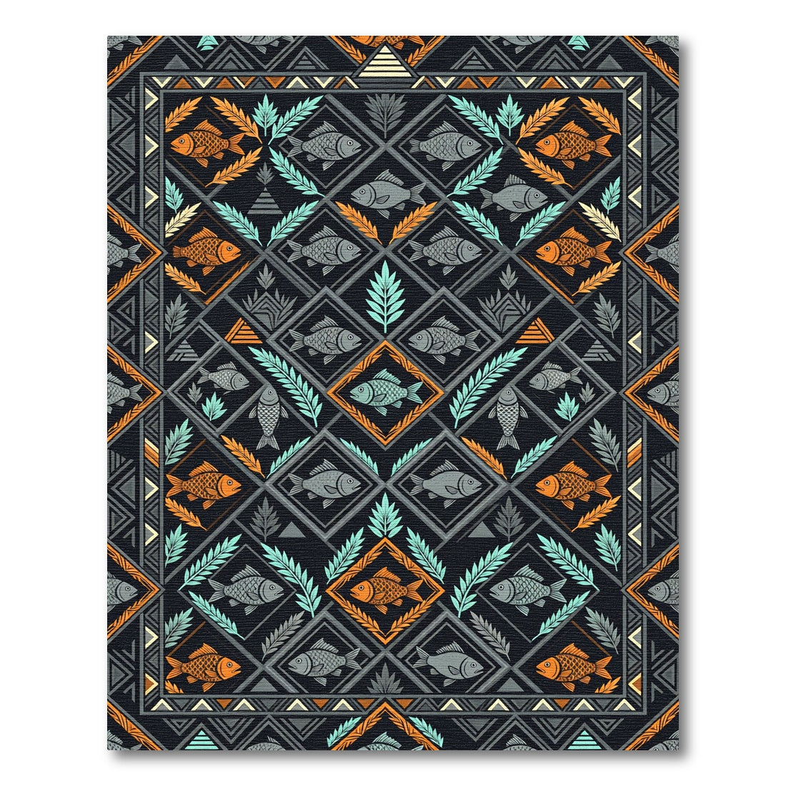 Navajo Inspired Orange Gray Fish Foulard Rug