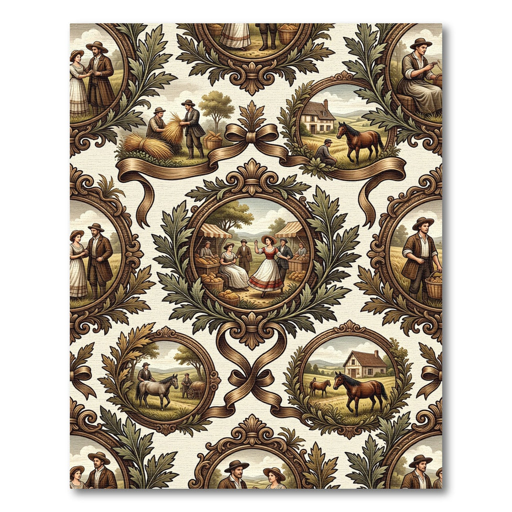 Vintage Country Scene Oval Frame Rug