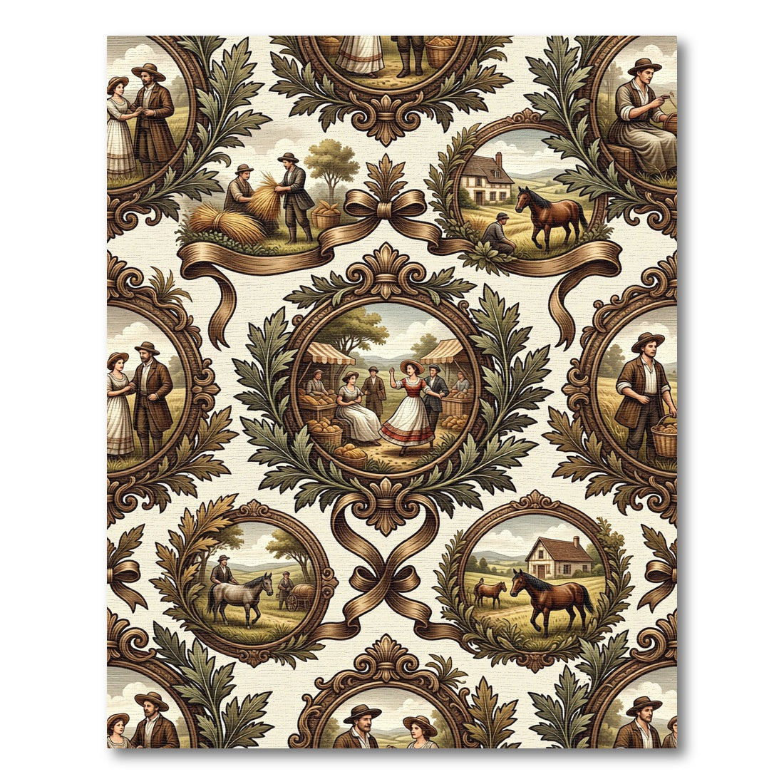 Vintage Country Scene Oval Frame Rug